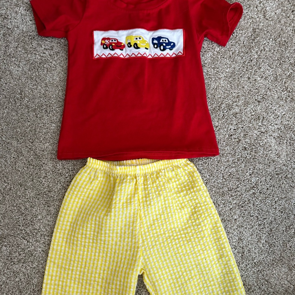 Red Cars T-Shirt and Yellow Checkered Pants Set